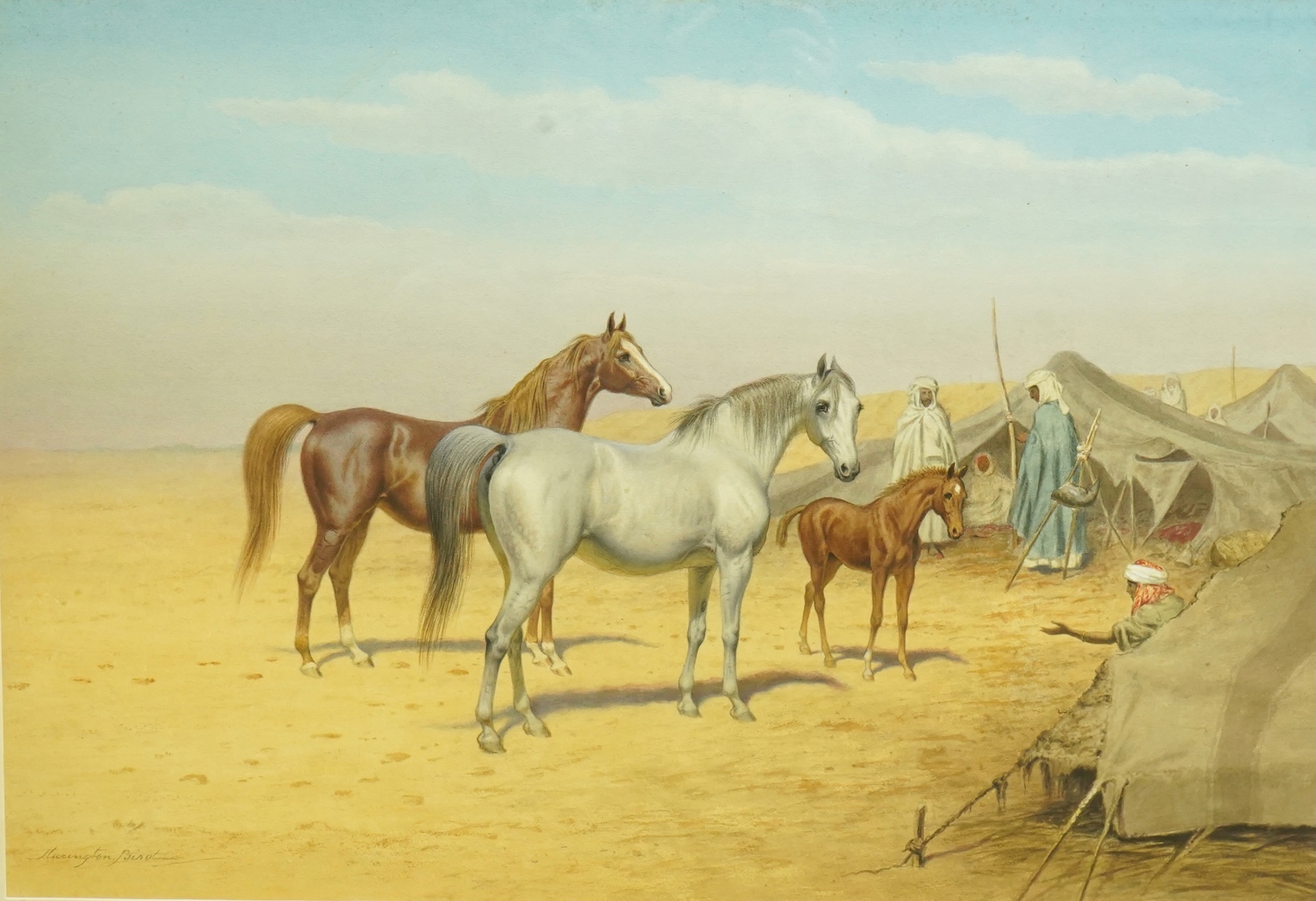 John Alexander Harrington Bird (English, 1846-1936), Arabian horses before a desert encampment, watercolour and pencil, 49 x 72cm